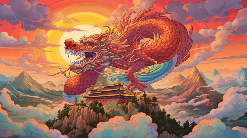 国潮风黄鹤楼地标建筑山水插画太阳背景下神龙腾空而起,插画/手绘图,插画/手绘图库,插画/手绘图下载,插画/手绘